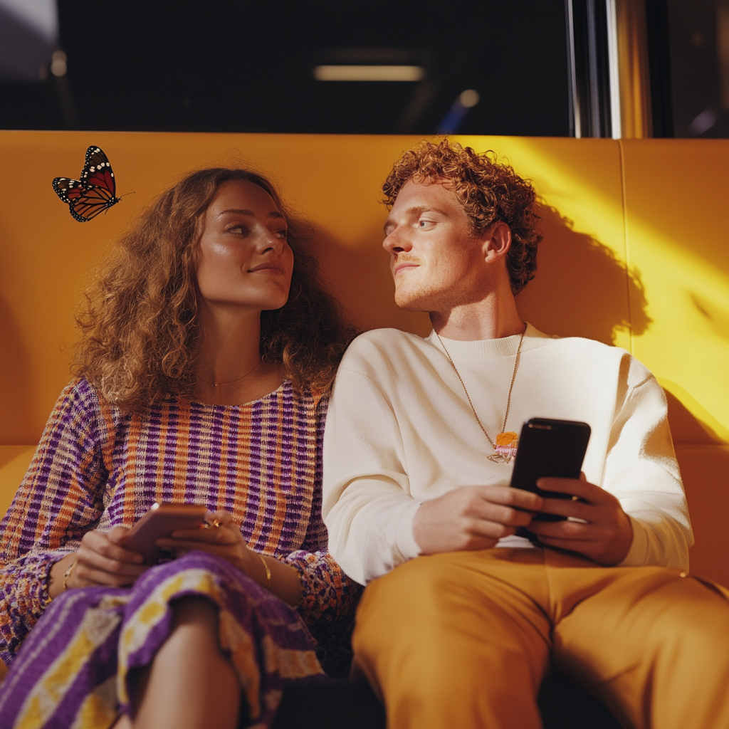 Dva lidé sedící v tramvaji při vyřizování půjčky mobilem